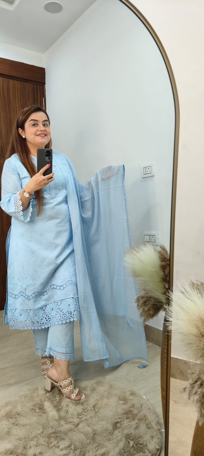Blue Cotton Kurti Set With Graceful Embroidery