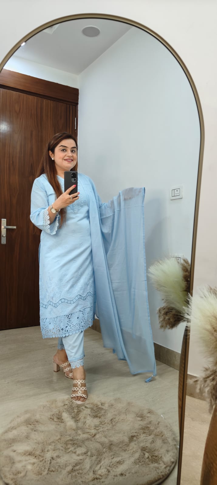 Blue Cotton Kurti Set With Graceful Embroidery