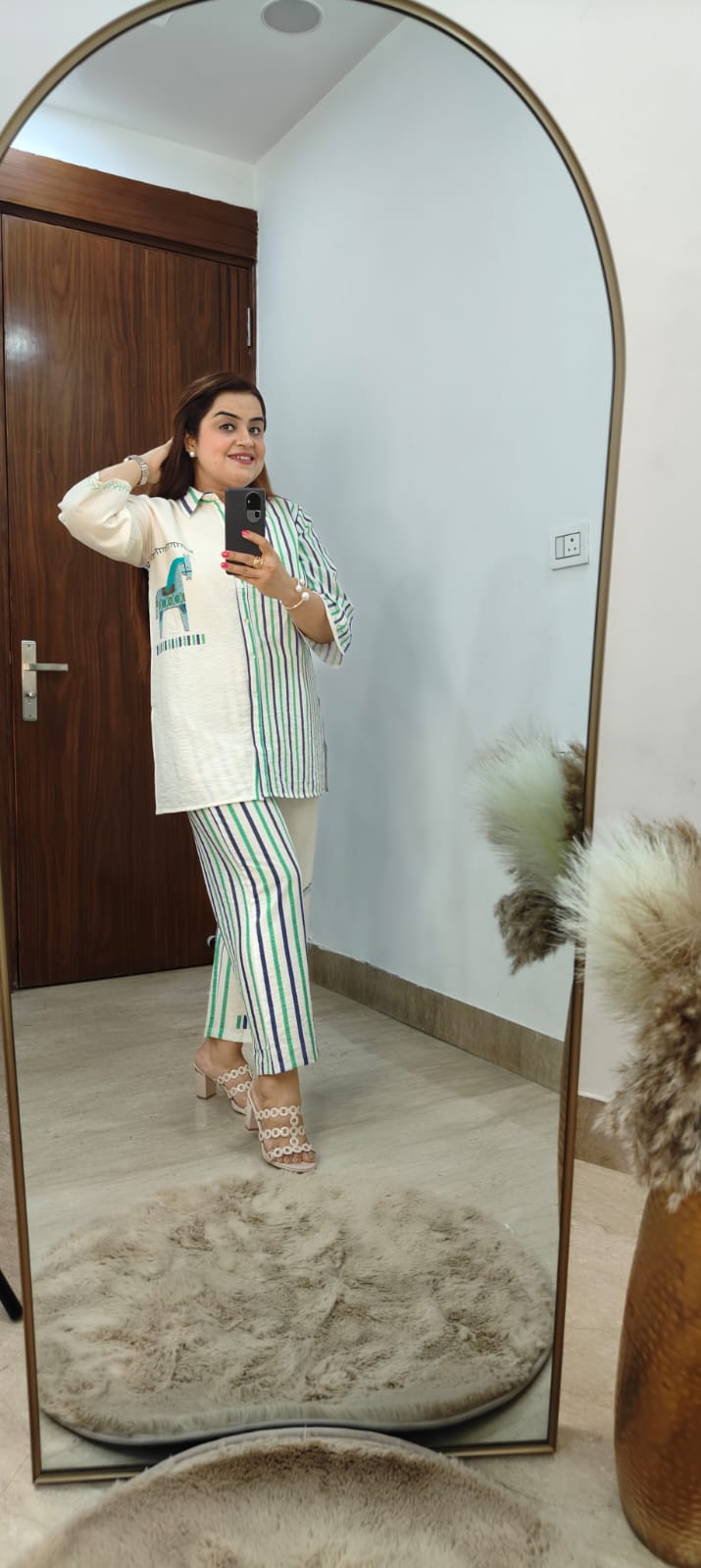 Off-White Corset Set with Striped Bottom | Chic & Comfortable
