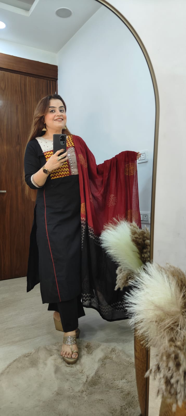 Traditional Black Cotton Kurti Set with Elegant Dupatta