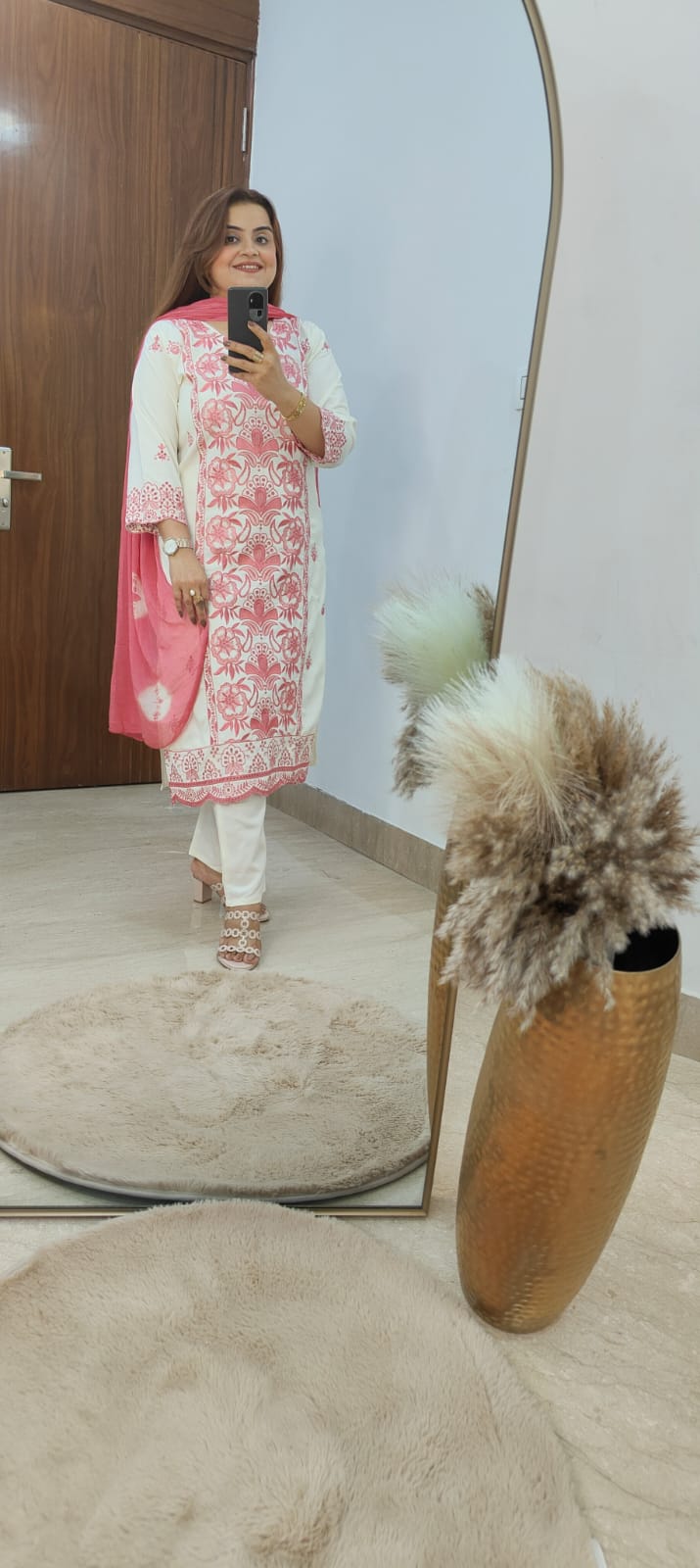 White Cotton Kurti Set with Embroidered Front Panel & Pure Bandhani Chiffon Dupatta