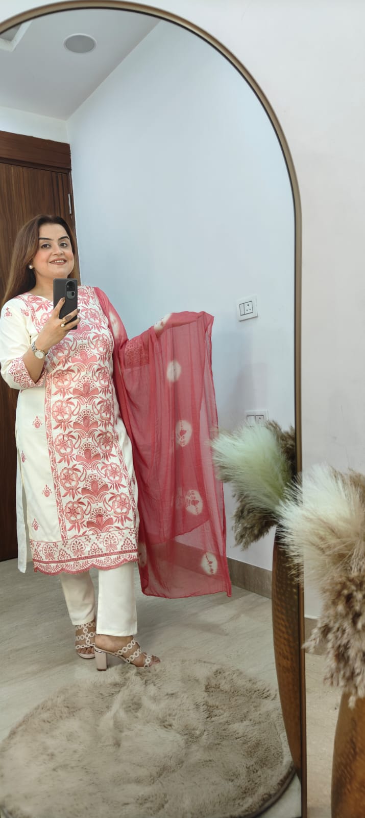 White Cotton Kurti Set with Embroidered Front Panel & Pure Bandhani Chiffon Dupatta