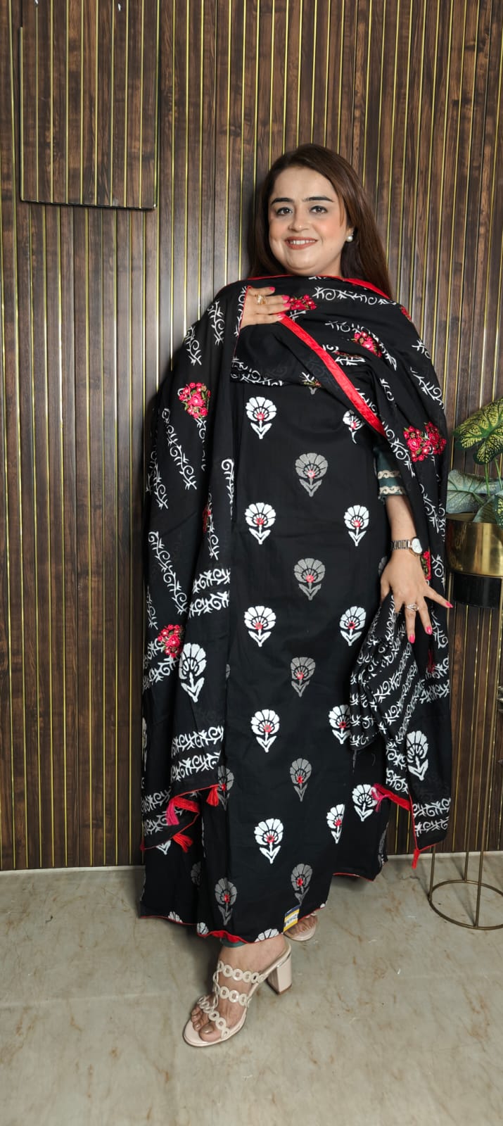 Black Beauty Premium Cotton Suit Set with Embroidered & Printed Dupatta