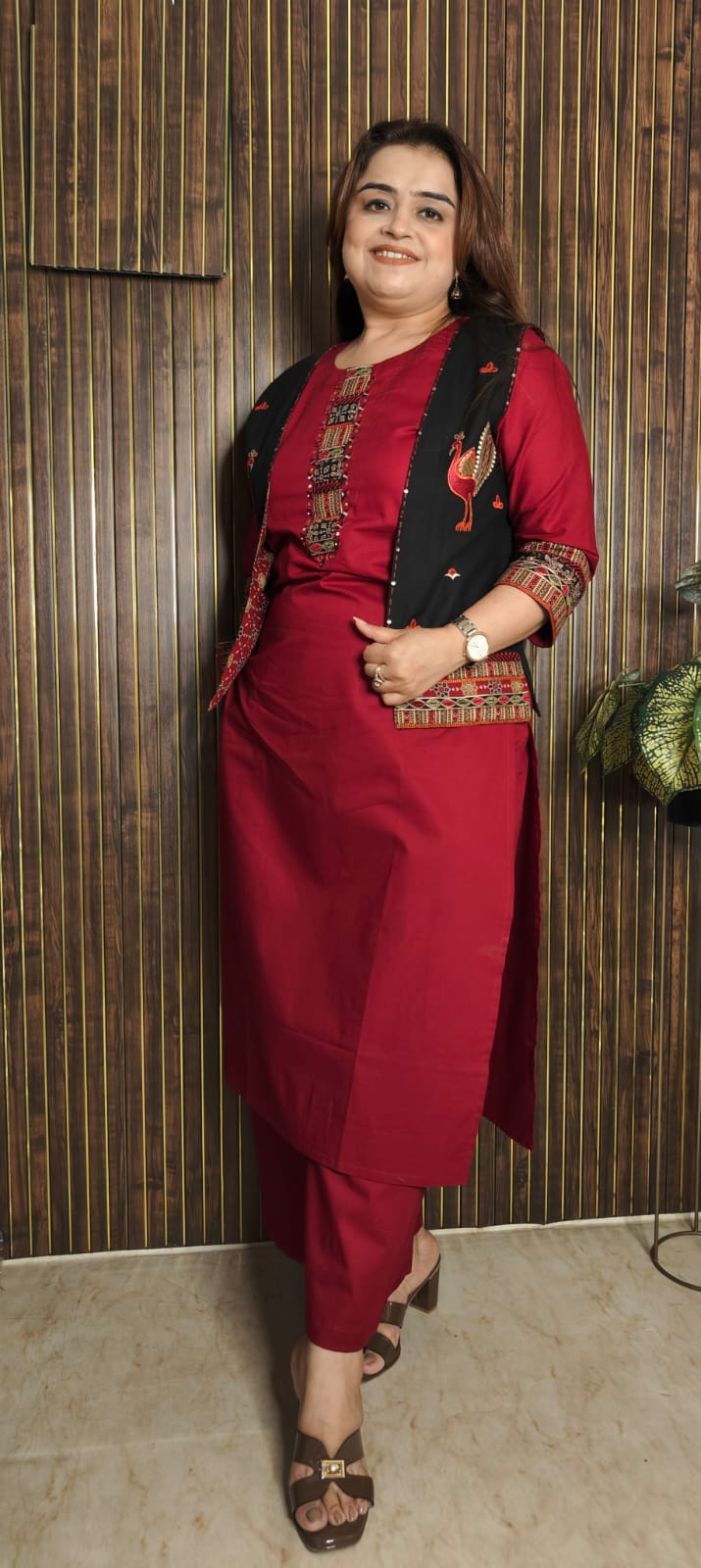 Cotton Kurti Set with Reversible Embroidered Jacket | Red & Black