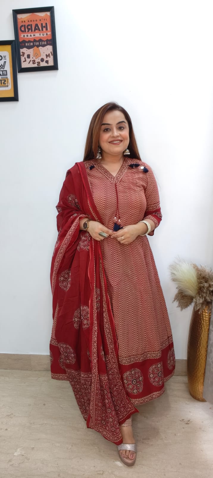 Bold Red Anarkali Cotton Kurti Set