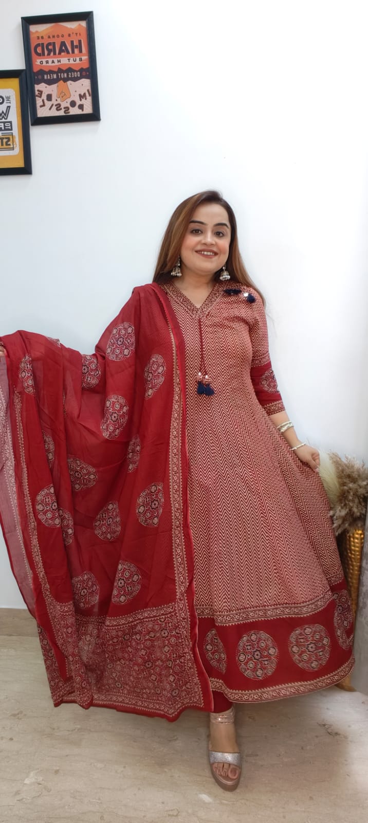 Bold Red Anarkali Cotton Kurti Set