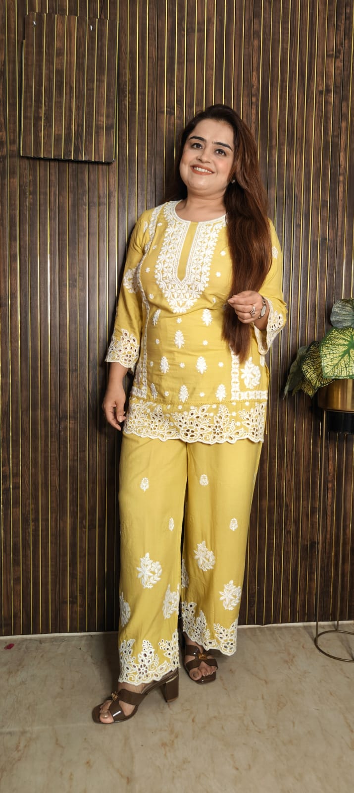 Lemon Cotton Rayon Co-ord Set with Elegant Thread Work