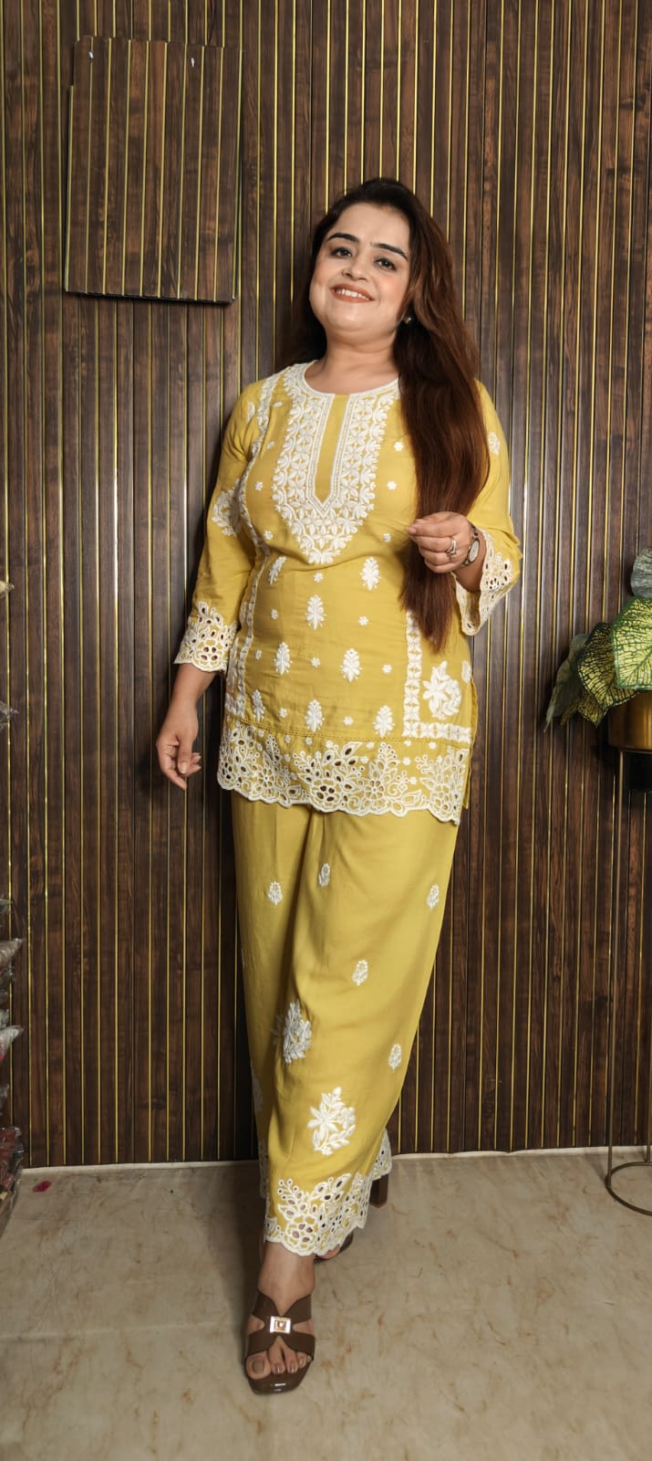 Lemon Cotton Rayon Co-ord Set with Elegant Thread Work