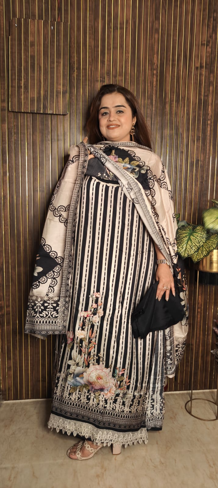 Pakistani Pure Muslin Black & White Suit with Elegant Lace Work