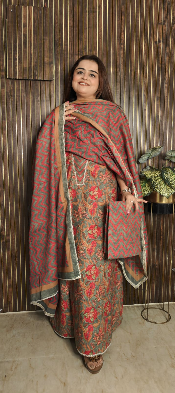 Pure Cotton Floral Print Suit with Zigzag Dupatta