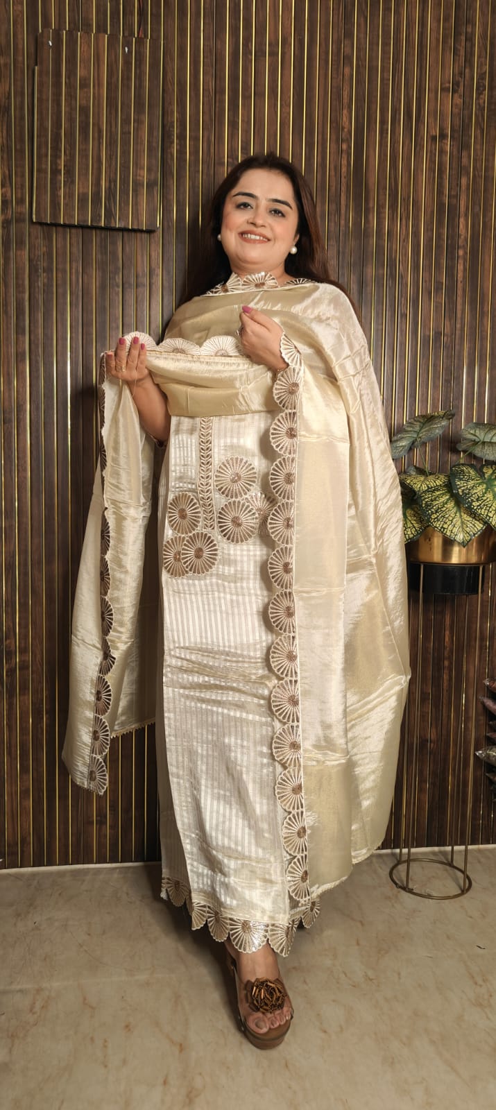 Royal Off-White Festive Suit | Elegant Leather Work Detail
