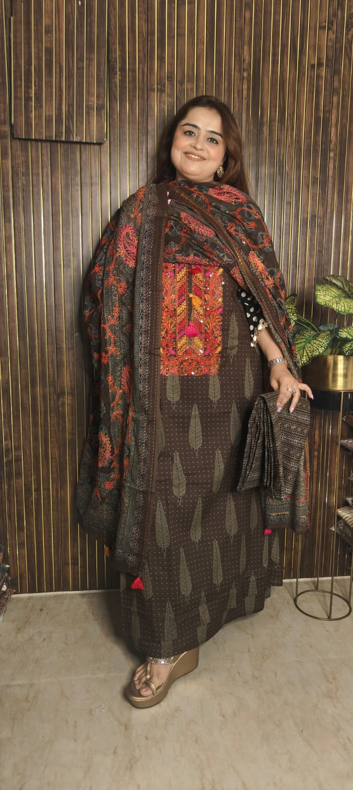 Royal Kantha Cotton Suit – Timeless Elegance in Black & Brown