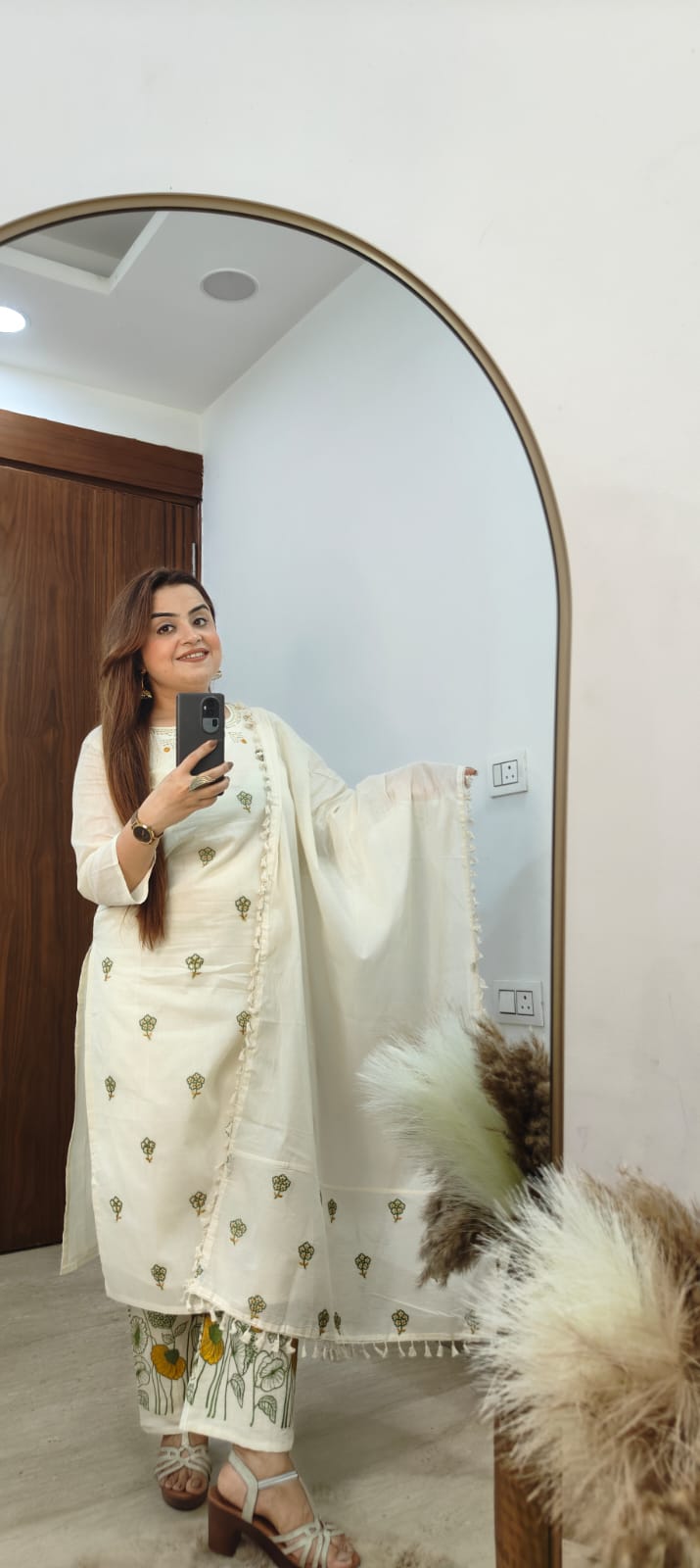 Elegant White Cotton Embroidered Kurti Set