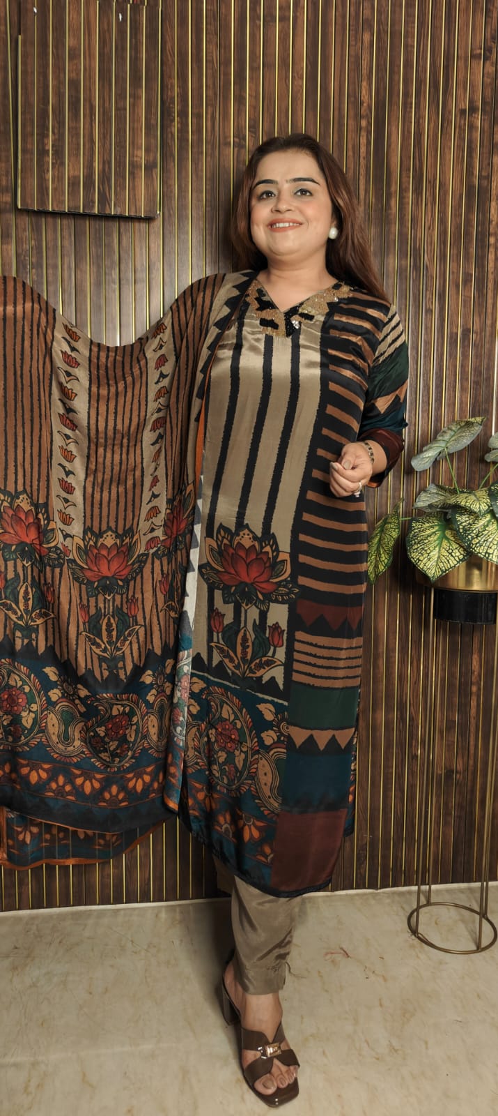 Brown Muslin Crepe Kurti Set with Elegant Neckline Work