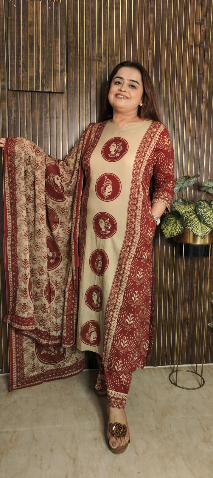 Exclusive Printed Cotton Kurti Set – Beige & Maroon