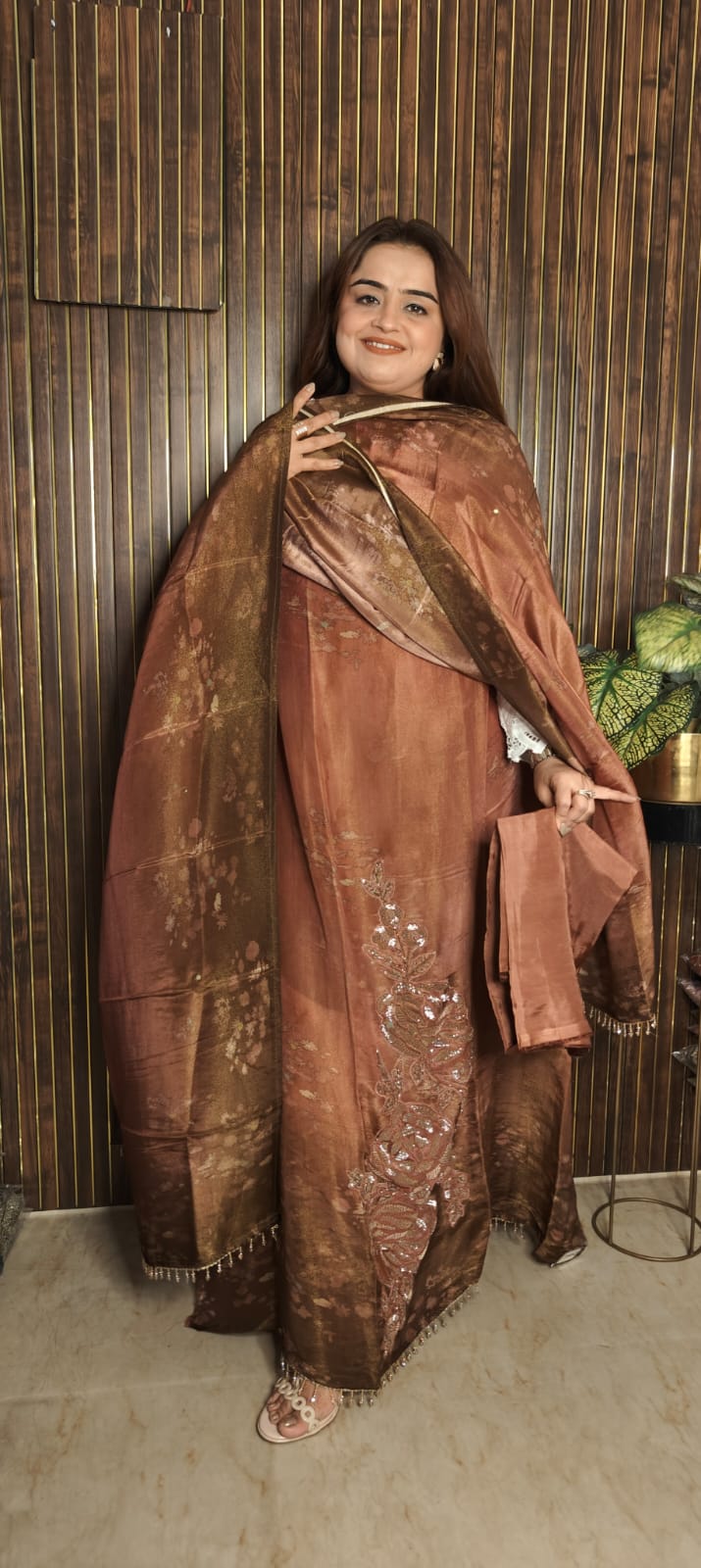 Coffee Brown Glass Organza Suit – Shimmering Festive Elegance