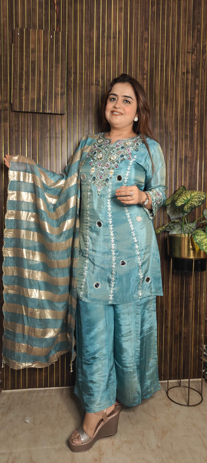 Blue Shimmer Suit – Mirror Work Elegance