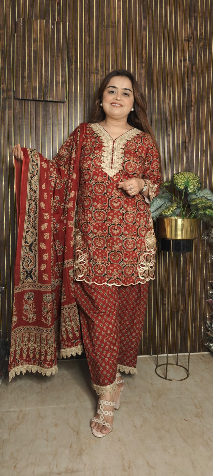 Bold Red Cotton Farshi Salwar Suit – Threadwork Elegance