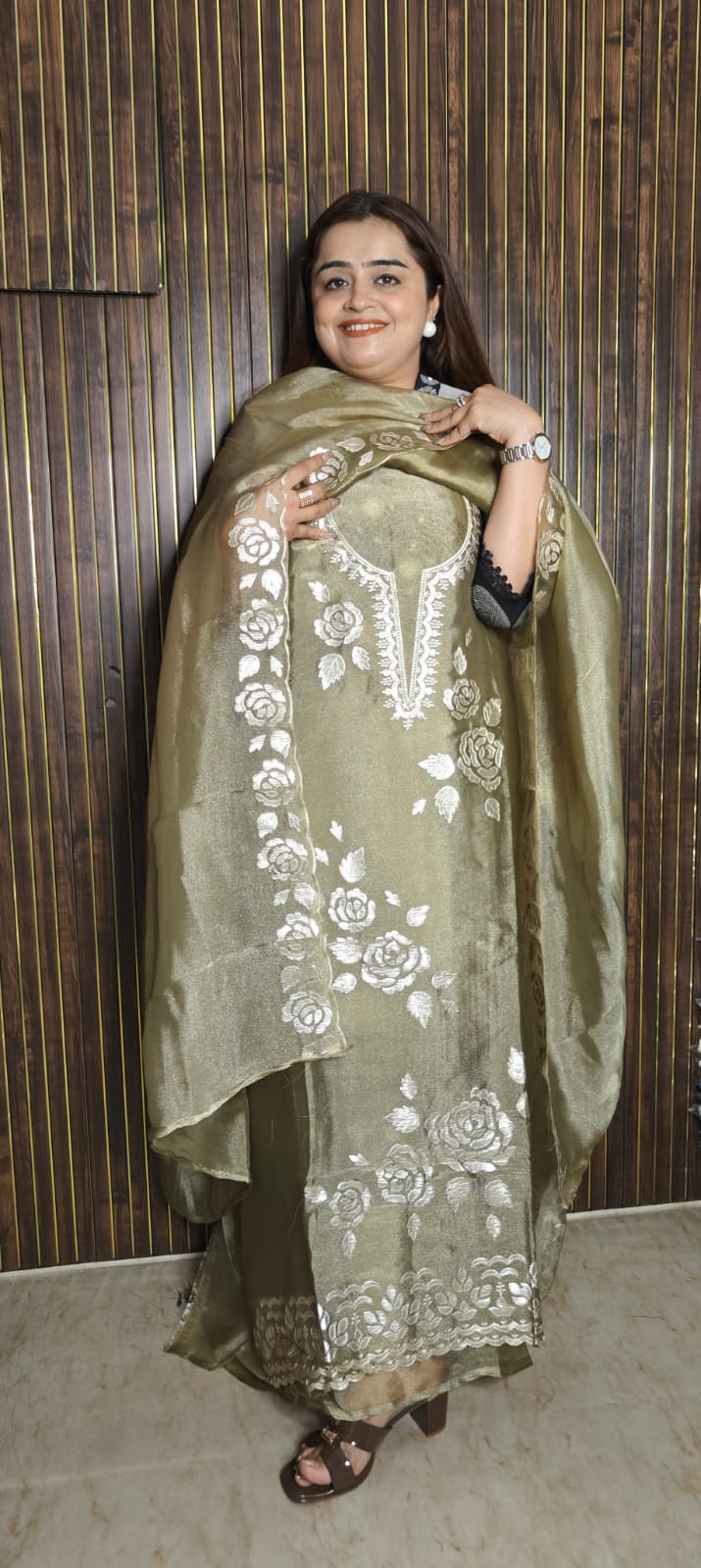 Festive Tissue Shimmer Suit with Luxe Leather Work