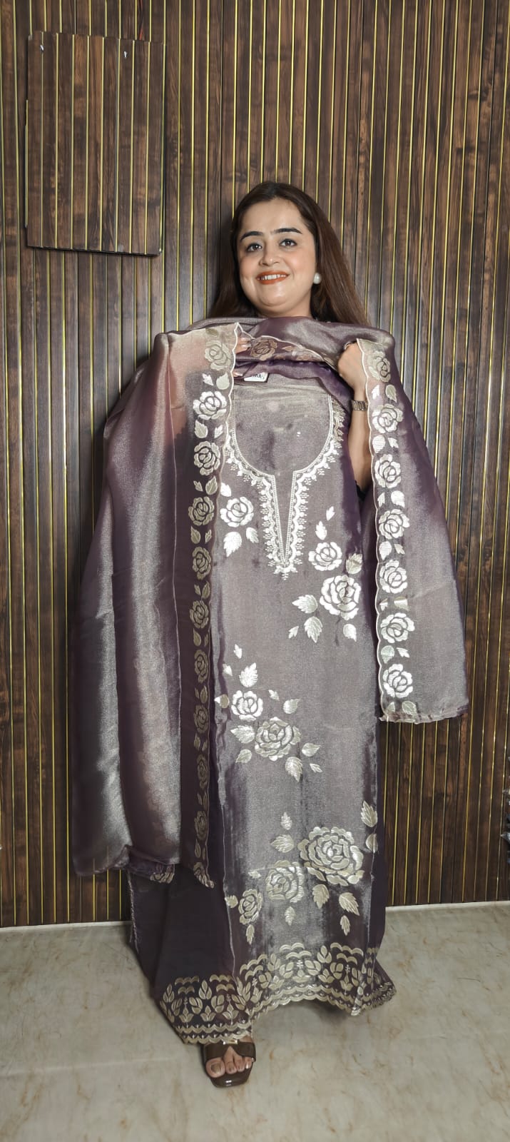 Festive Tissue Shimmer Suit with Luxe Leather Work