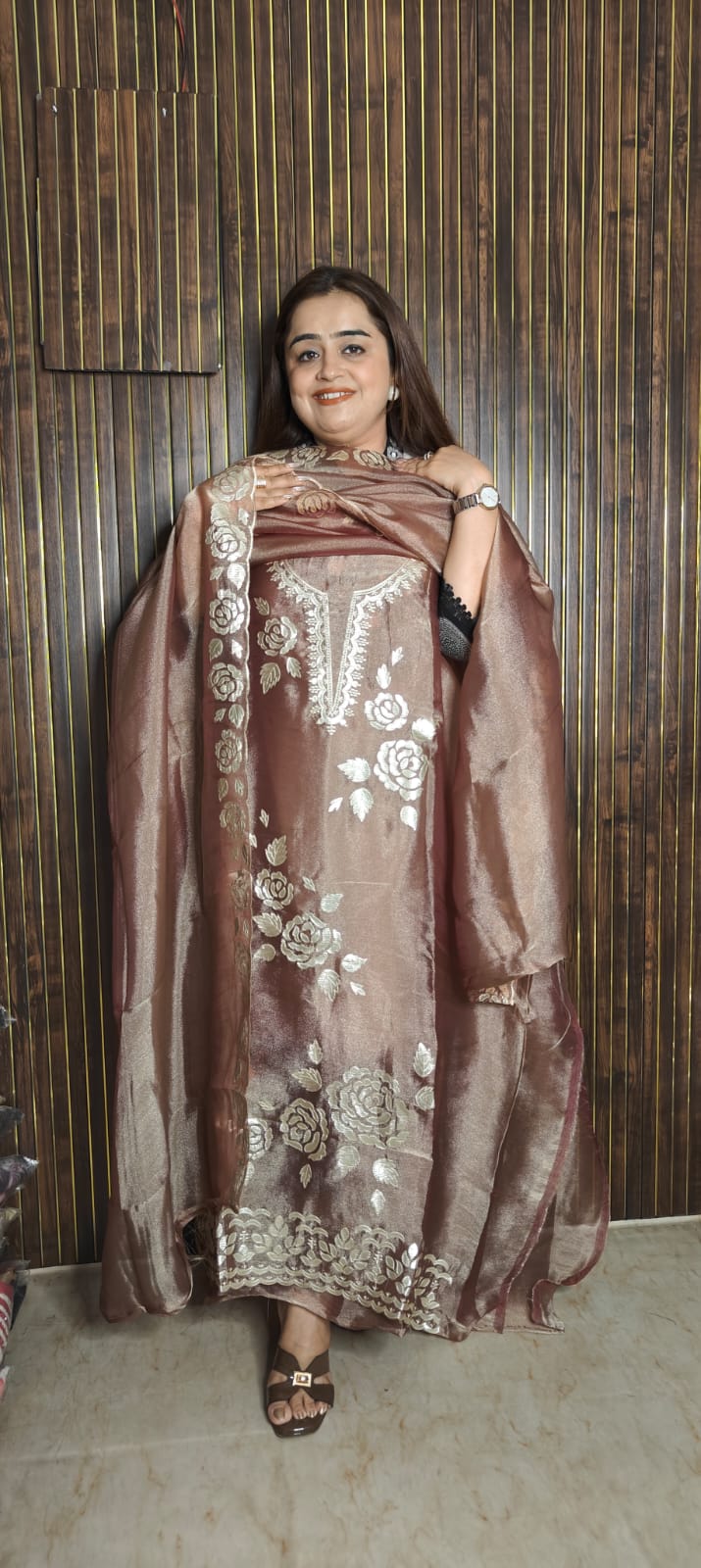 Festive Tissue Shimmer Suit with Luxe Leather Work