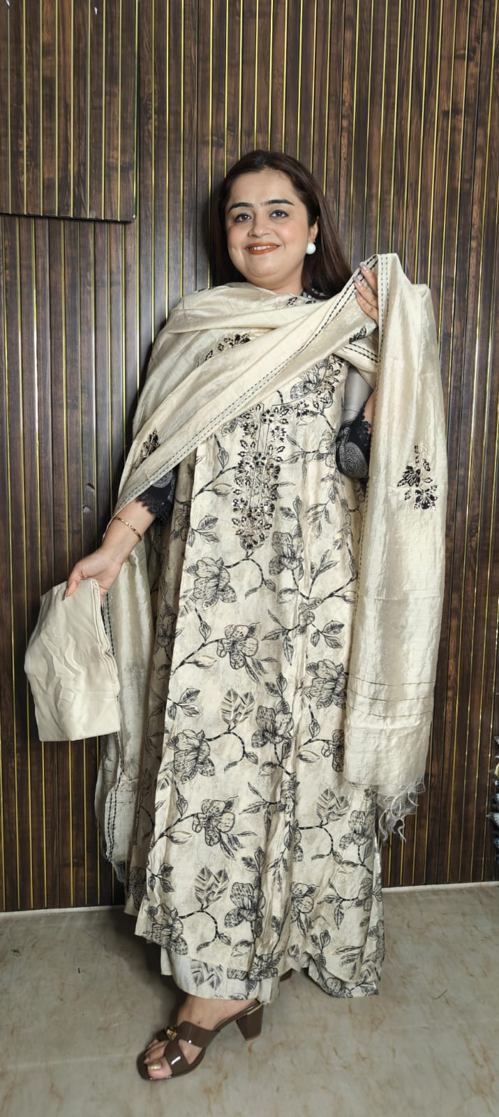 Beige & Black Floral Muslin Elegance