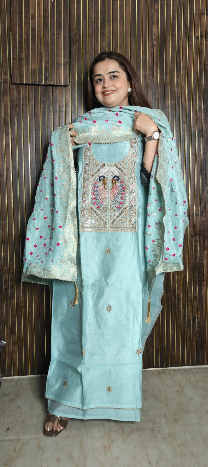 Peacock Chanderi Elegance | Traditional Bandhani Festive Suit