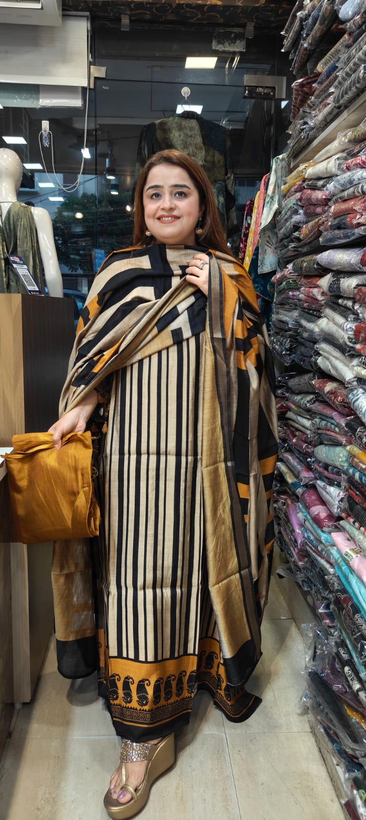 Beige Striped Maheshwari Suit Set with Geometric Print Dupatta