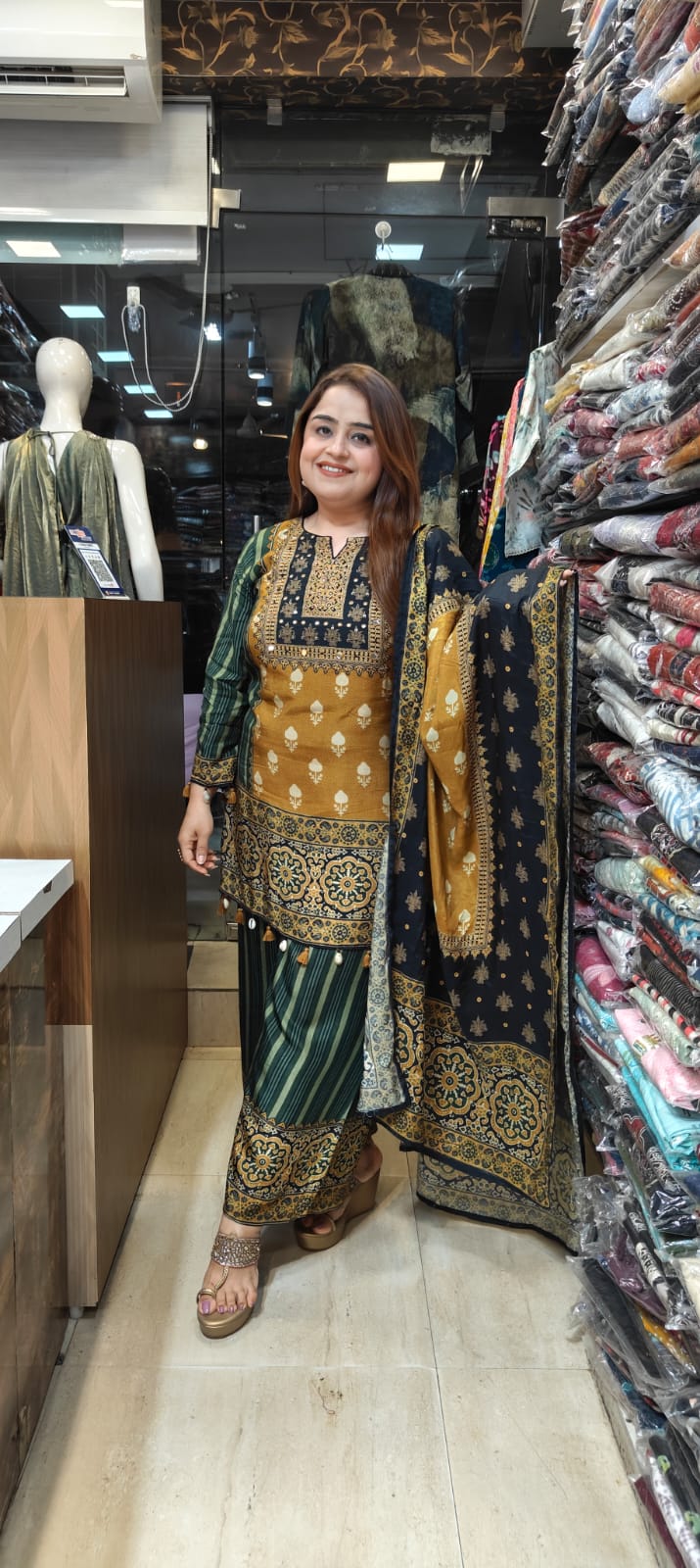Ajrakh Affair – Green & Yellow Crepe Kurti Set