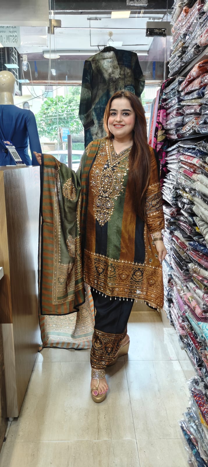 Earthy Elegance – Brown & Green Silk Festive Suit