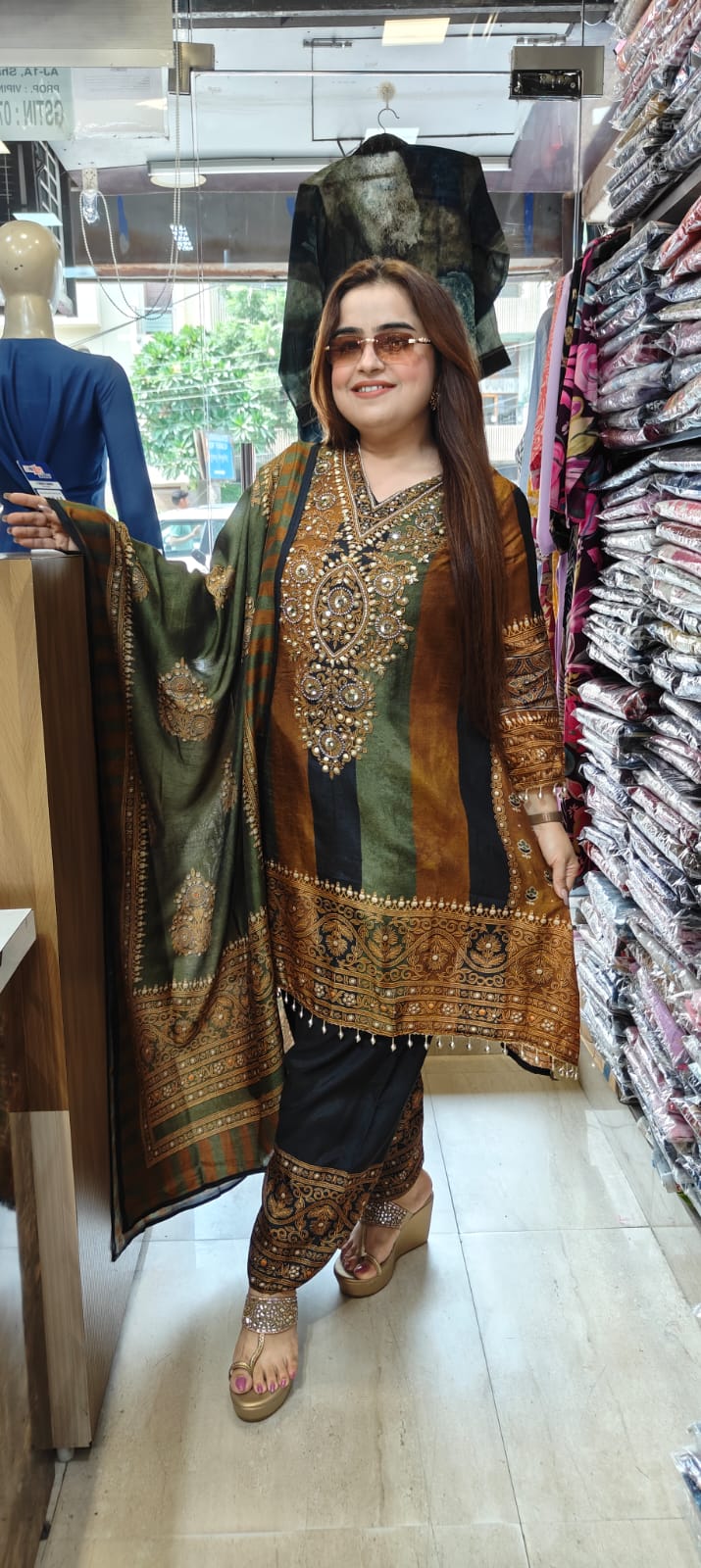 Earthy Elegance – Brown & Green Silk Festive Suit